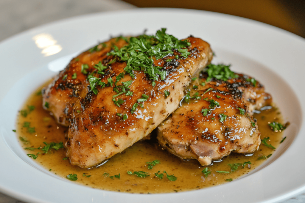 Homemade chicken dressing on a white plate against a white kitchen marble backdrop.
