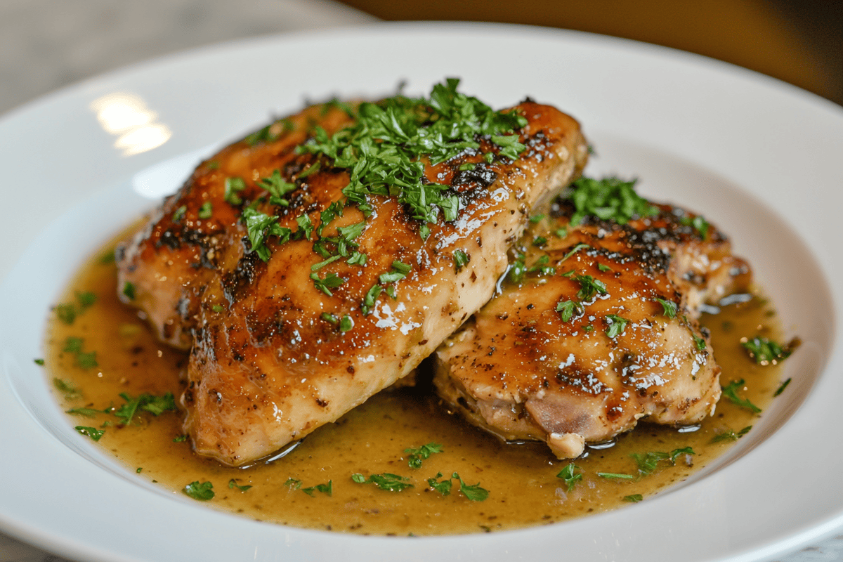 Homemade chicken dressing on a white plate against a white kitchen marble backdrop.