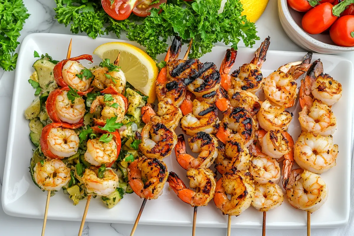 Variety of grilled shrimp dishes on white marble