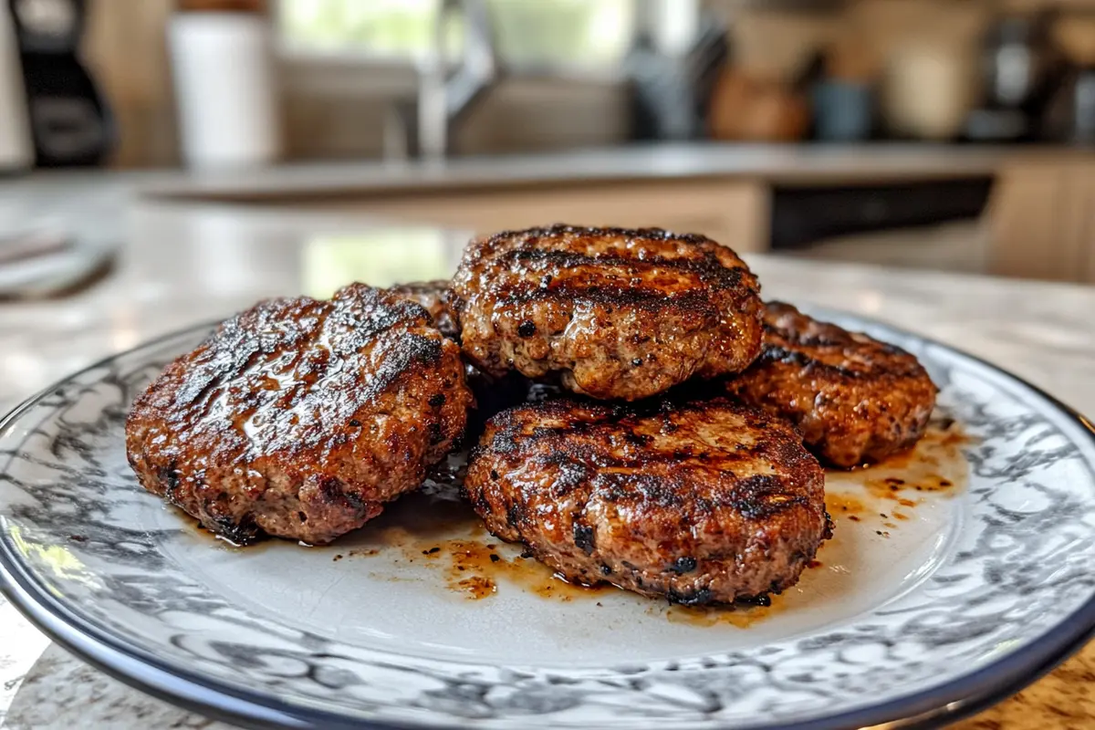A side-by-side comparison of grilled and pan-seared patties on a white plate, showing the difference in texture.