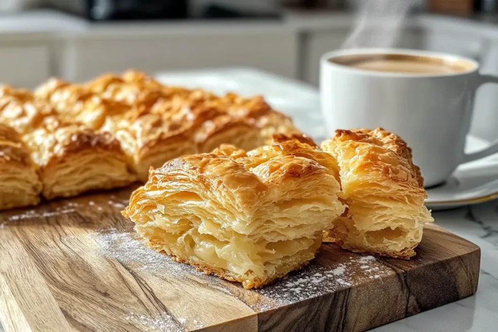 Freshly baked gipfeli on a wooden board with a cup of coffee in a bright kitchen.