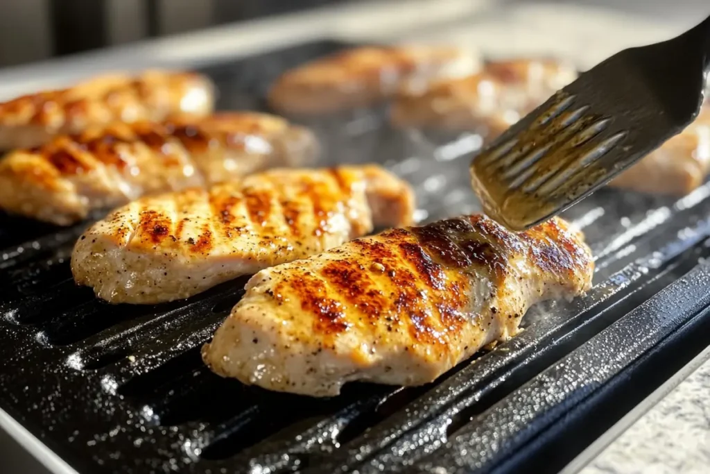 Grilled chicken breasts on a Blackstone griddle in a white marble kitchen