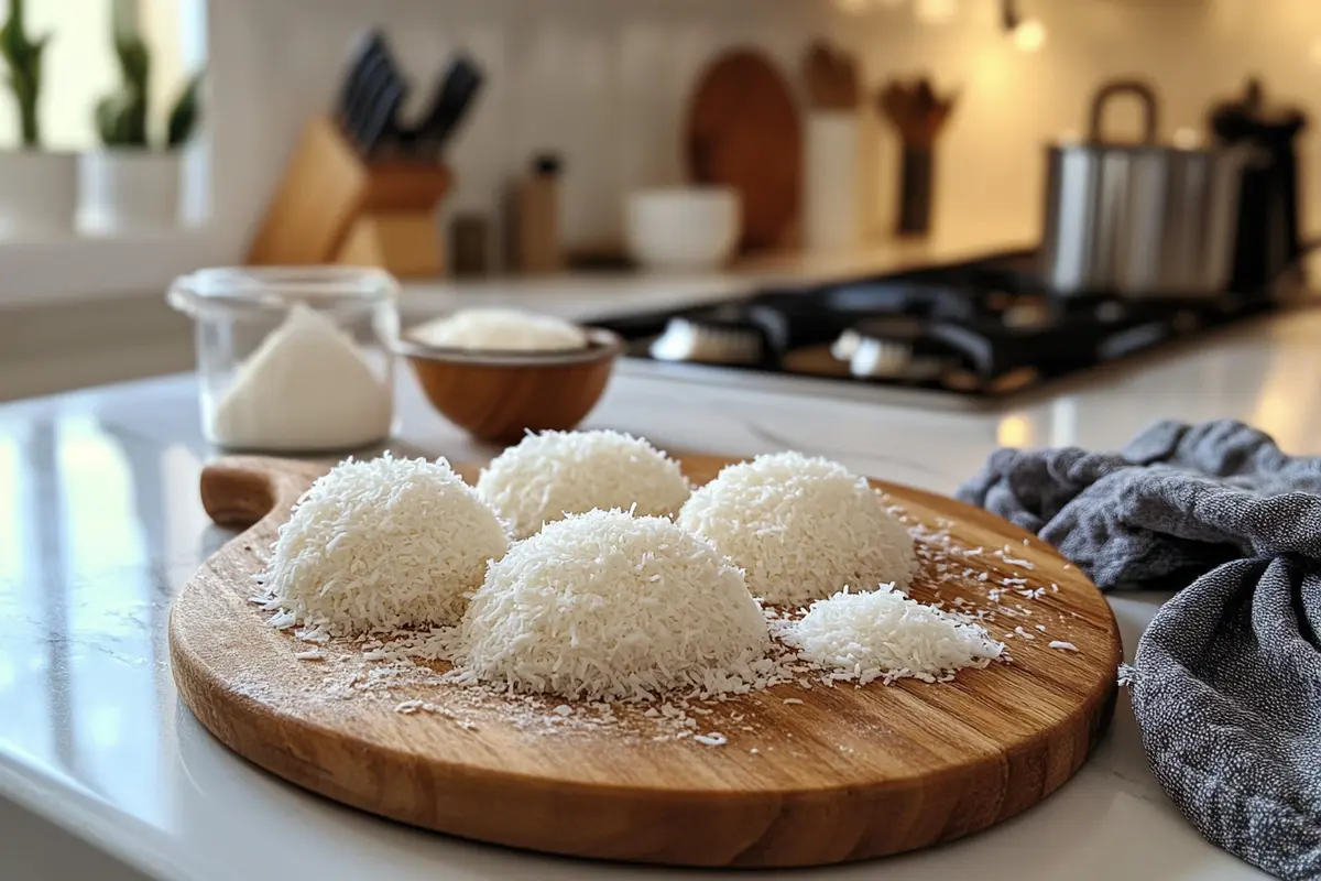 A collection of coconut cookie ingredients, including shredded coconut, flour, butter, eggs, sugar, and vanilla, arranged on a wooden board.