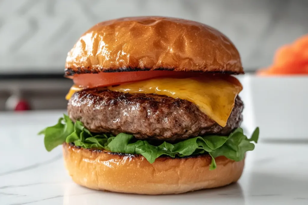 Close-up of a freshly cooked juicy burger patty resting on a white marble countertop in a modern kitchen.