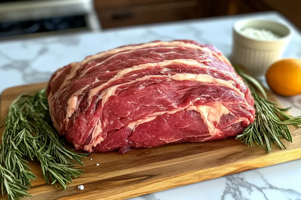 A raw, marbled ribeye roast on a wooden cutting board, ready for roasting, set on a white kitchen marble countertop.