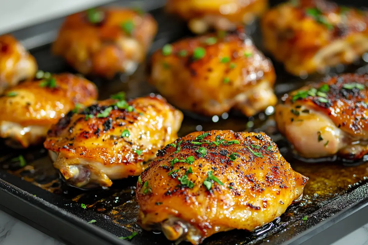 Crispy chicken thighs cooking on a Blackstone griddle with oil and herbs.