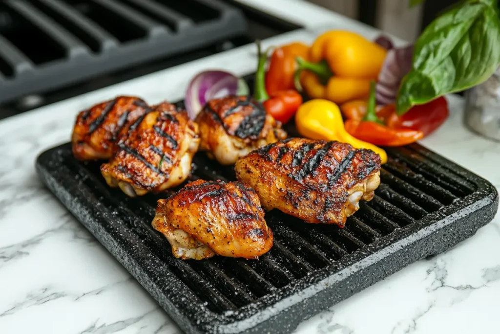 Juicy grilled chicken thighs on a Blackstone grill in a modern kitchen with white marble background.