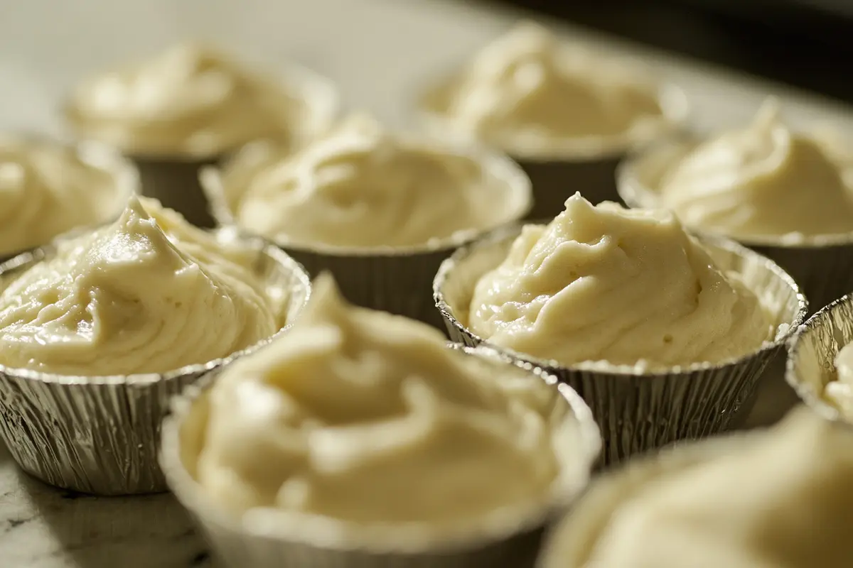 Madeleine batter resting in a mold before baking, capturing the essential chilling step for achieving the perfect hump