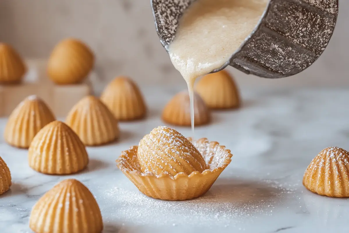 Smooth madeleine batter being poured into a shell-shaped baking mold.