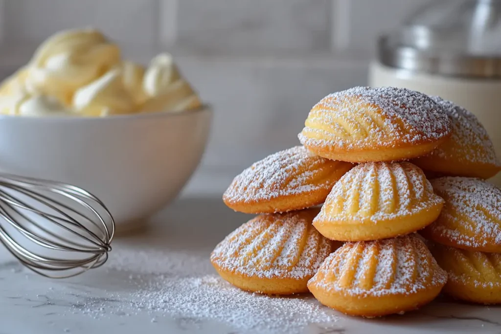 Freshly baked madeline cookies using cream on a white marble countertop.