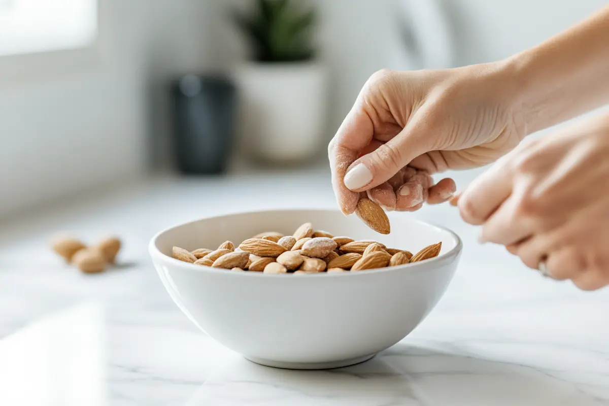 Hands breaking almond paste into a bowl for pignoli cookies on a white marble countertop.