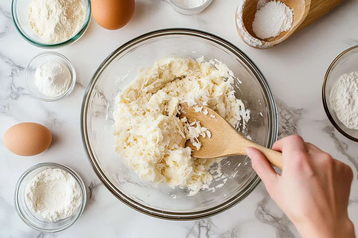 A baker mixing coconut cookie dough in a glass bowl, with shredded coconut and ingredients on a white kitchen marble background.