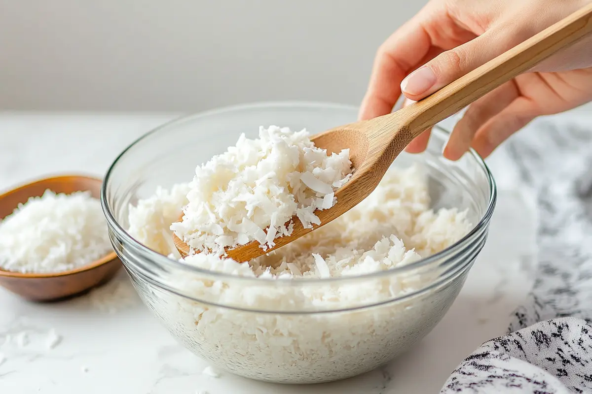 A baker mixing coconut cookie dough in a glass bowl, with shredded coconut and ingredients on a white kitchen marble background.