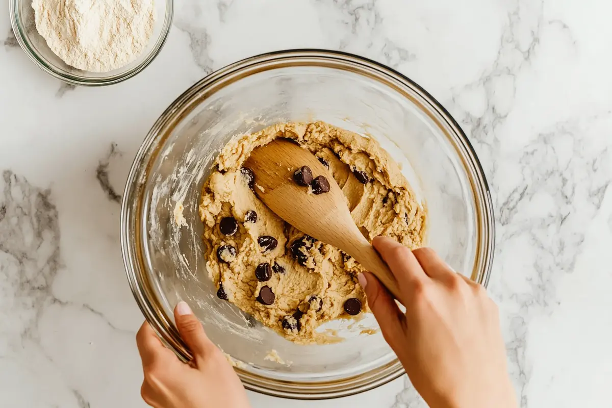 A baker’s hands mixing soft cookie dough in a glass bowl, with cornstarch in a small dish on a white kitchen marble background.