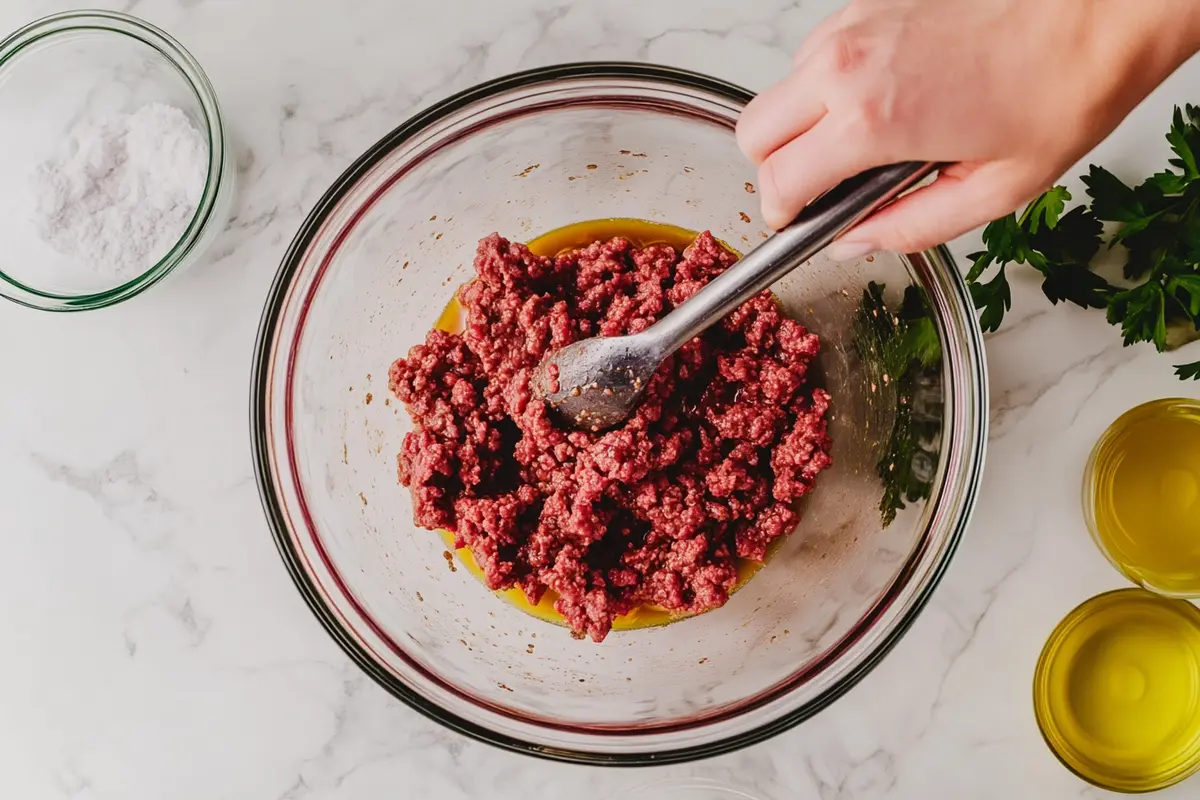 A glass bowl with ground beef, Worcestershire sauce, and olive oil being mixed by hand on a white marble countertop.