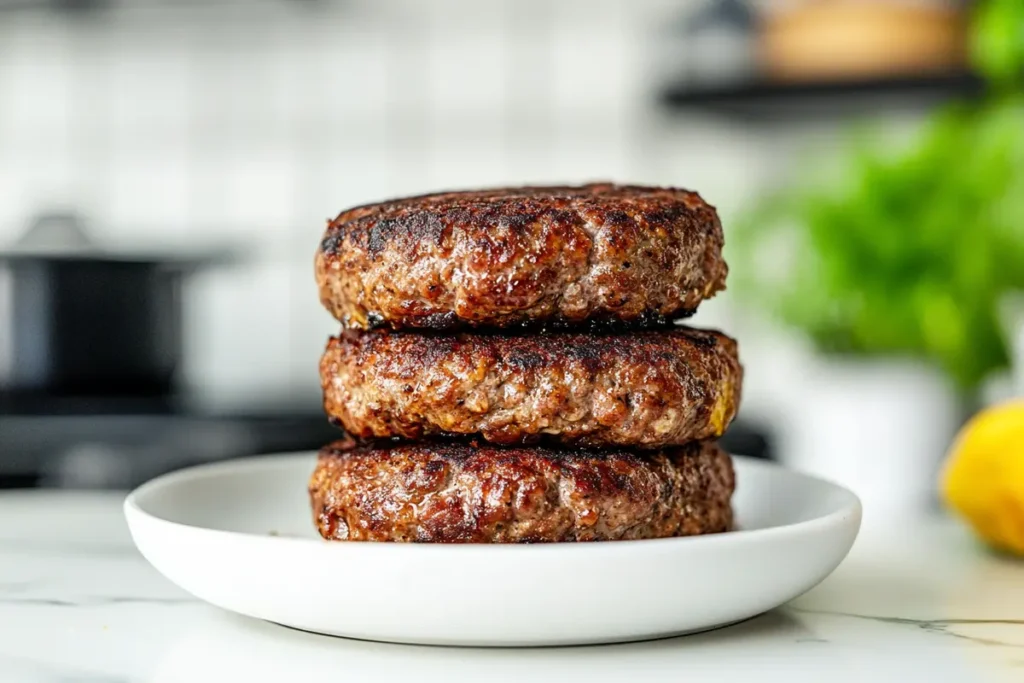 A close-up of a perfectly cooked beef patty on a white plate, set in a bright kitchen with a white marble countertop.
