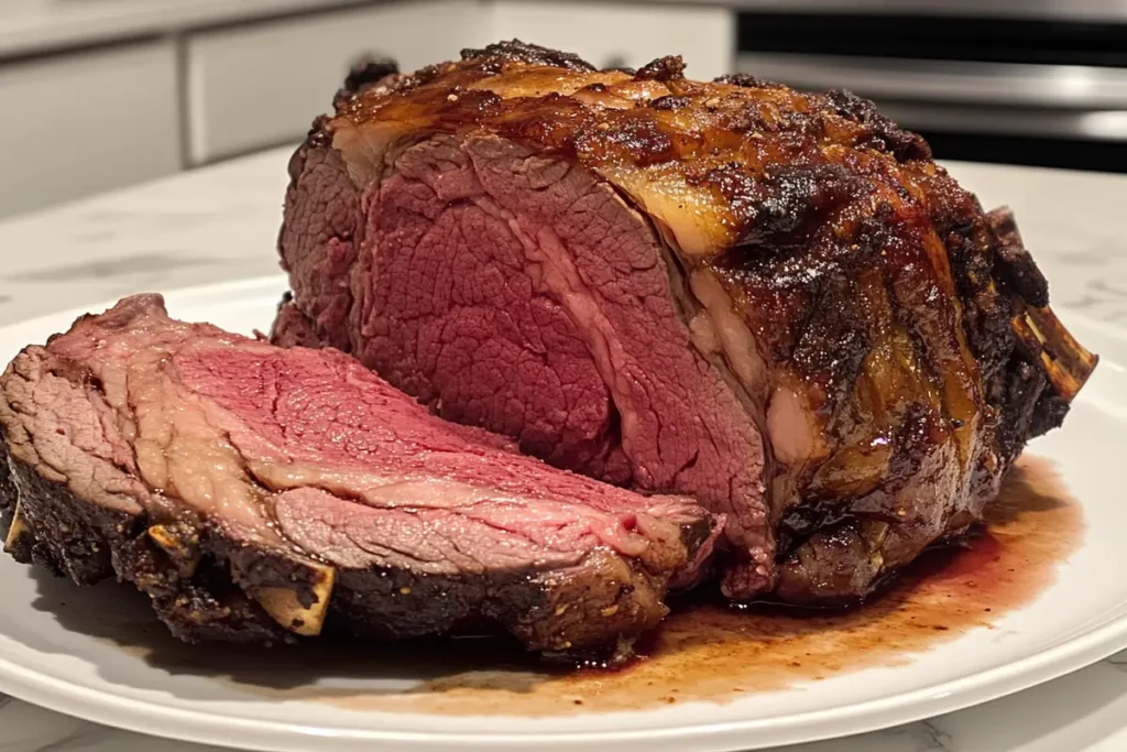 Perfectly cooked rib roast sliced on a white marble countertop