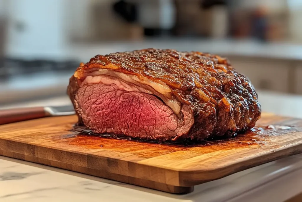 Juicy ribeye roast resting on a wooden cutting board with a crispy, golden crust.