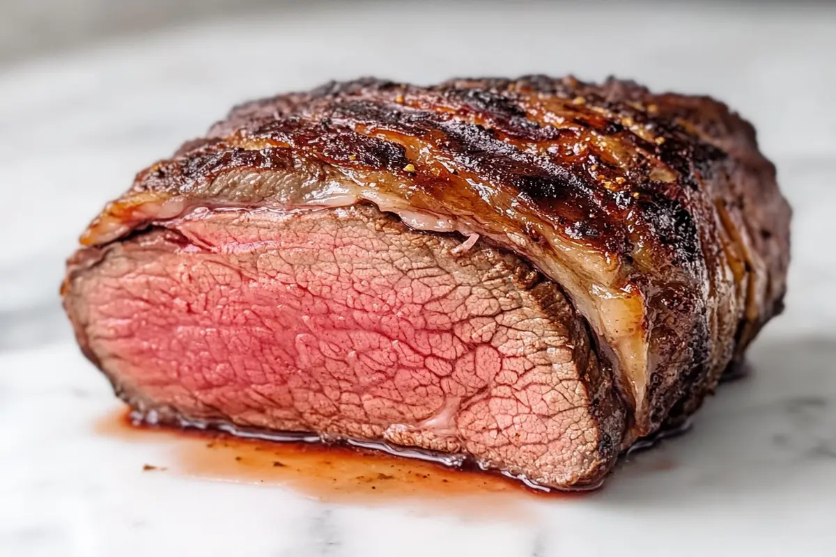 Juicy, medium-rare ribeye roast sliced open on a white marble countertop.