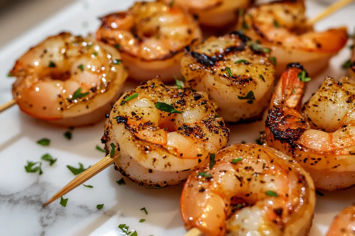 Perfectly grilled shrimp skewers on white marble