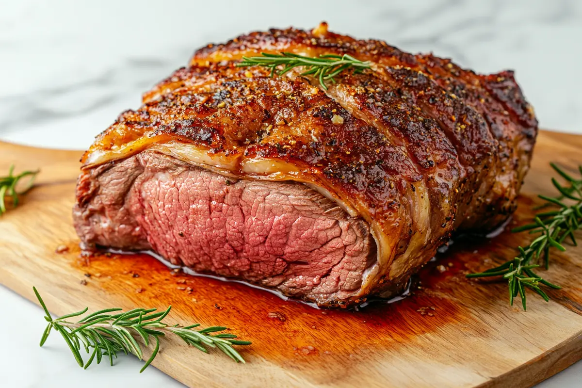 A perfectly roasted ribeye with a golden-brown crust resting on a wooden cutting board, ready to be sliced.