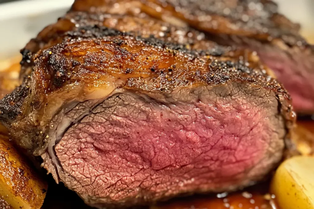 A close-up shot of a perfectly seared ribeye roast resting on a cutting board, with a golden-brown crust.
