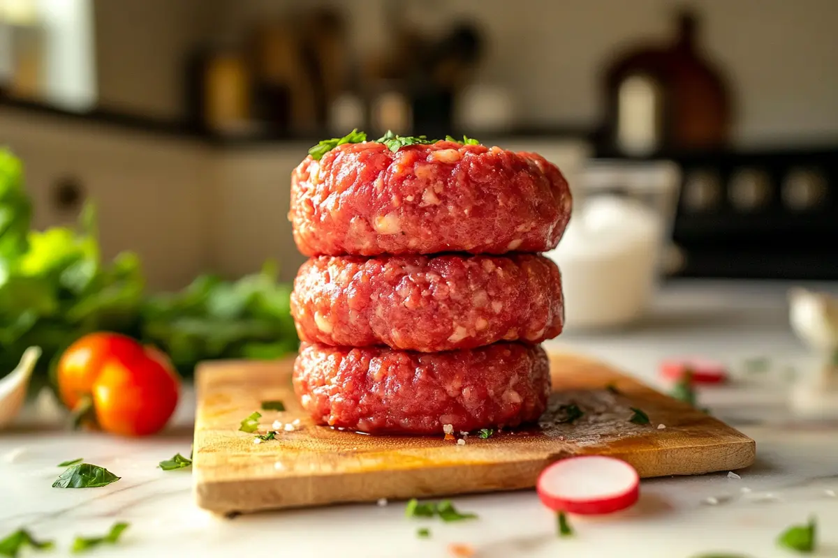 Uncooked beef, chicken, and veggie patties on a wooden cutting board, surrounded by seasonings and fresh herbs.