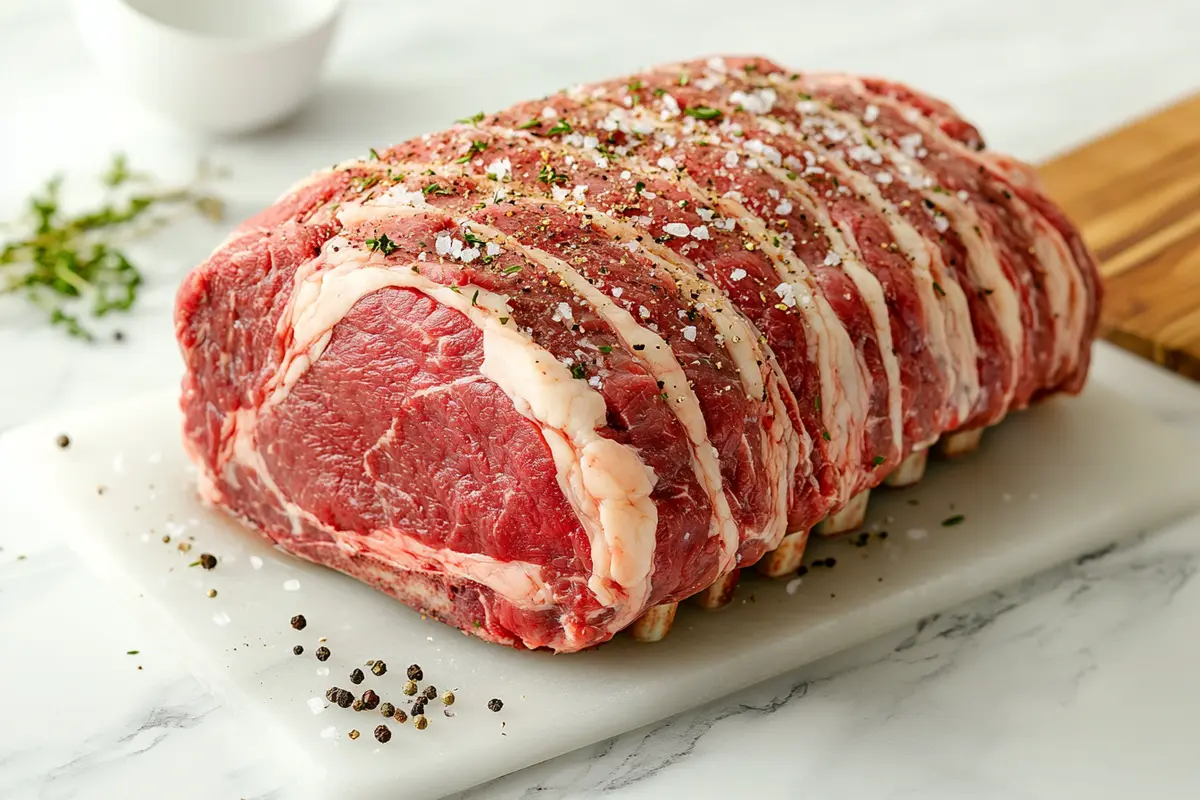 Raw rib roast seasoned with salt, pepper, and fresh herbs on a marble countertop.