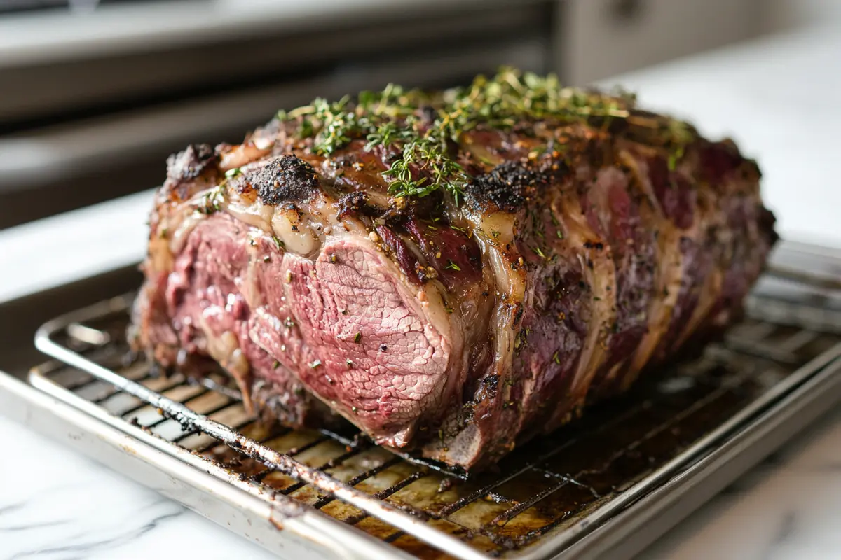 A ribeye roast slowly roasting in an oven on a wire rack for a reverse-searing technique.