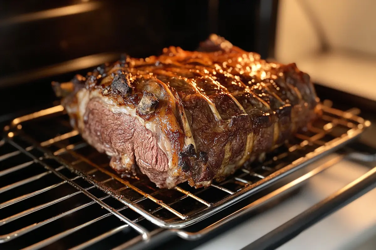Rib roast cooking in an oven, forming a rich brown crust.