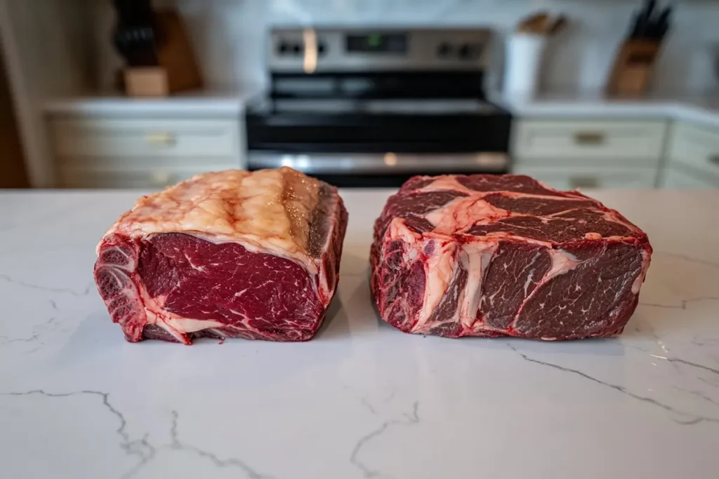 Raw ribeye roast and prime rib side by side on a white marble kitchen counter.