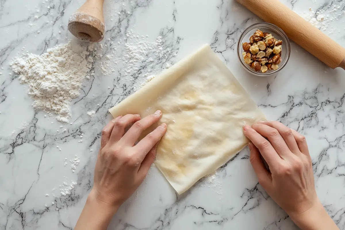 Hands rolling out puff pastry on a white marble counter with a bowl of hazelnut filling beside it.