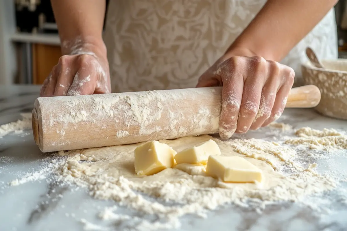 Hands rolling out gipfeli dough on a floured white kitchen marble countertop.