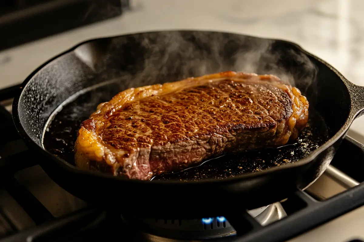 A ribeye roast sizzling in a cast-iron skillet, forming a golden-brown crust.