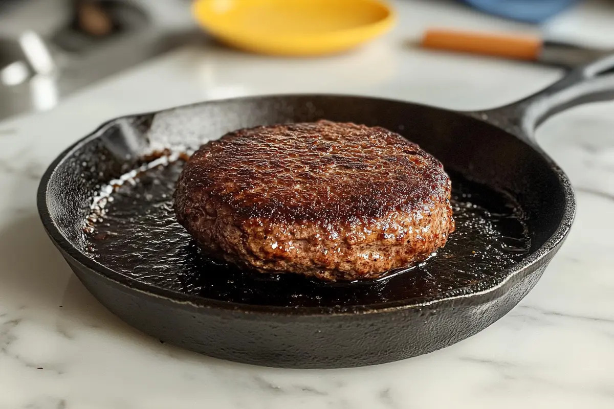 A thick, juicy burger patty sizzling on a cast-iron skillet with a perfect sear, placed on a white marble countertop.