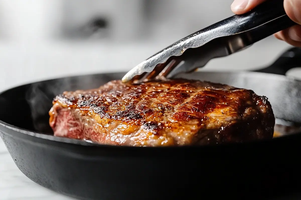 A ribeye roast being seared in a cast iron skillet with a golden-brown crust forming.