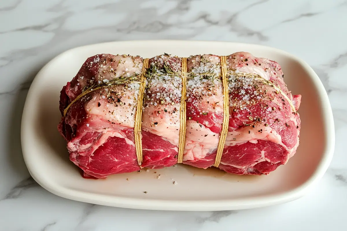 Seasoned bone-in prime rib resting on a white marble countertop.