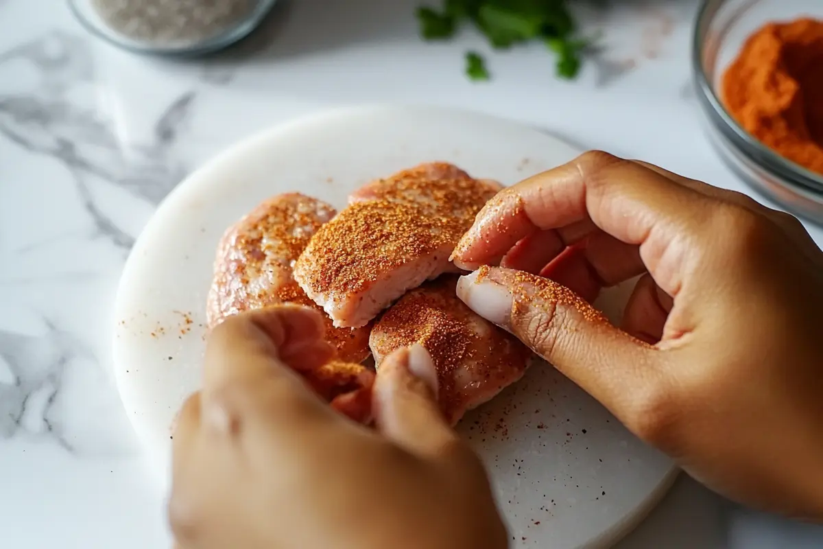 Seasoning chicken cutlets on marble