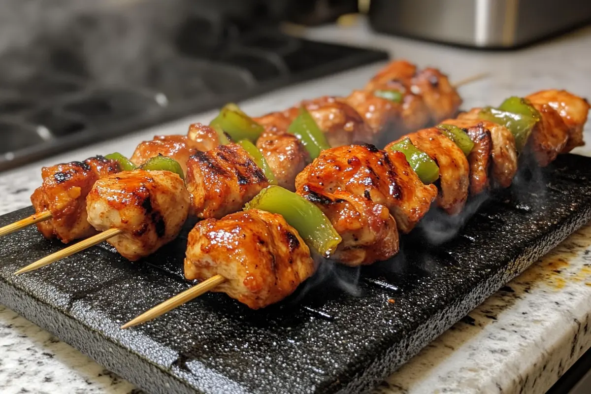 Chicken skewers sizzling on a Blackstone grill with white marble countertop