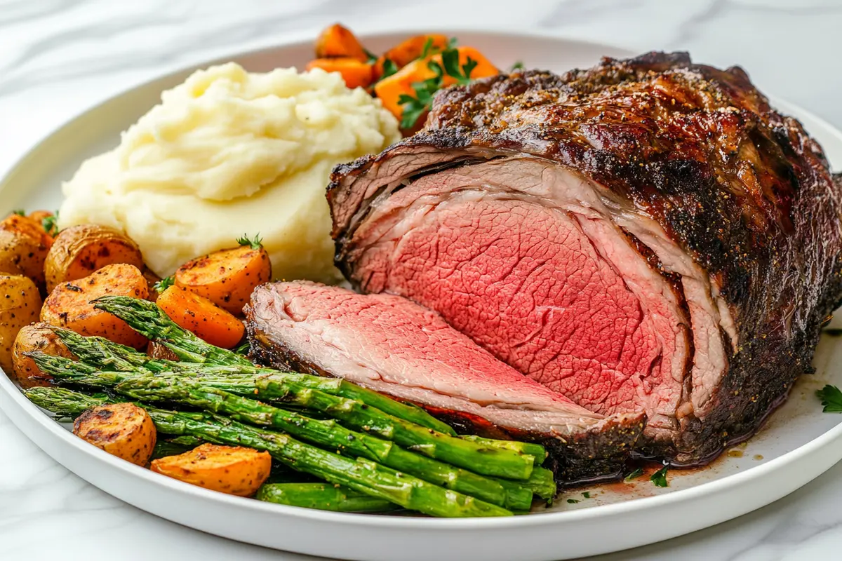 Medium-rare sliced ribeye roast served on a plate with mashed potatoes and roasted vegetables.