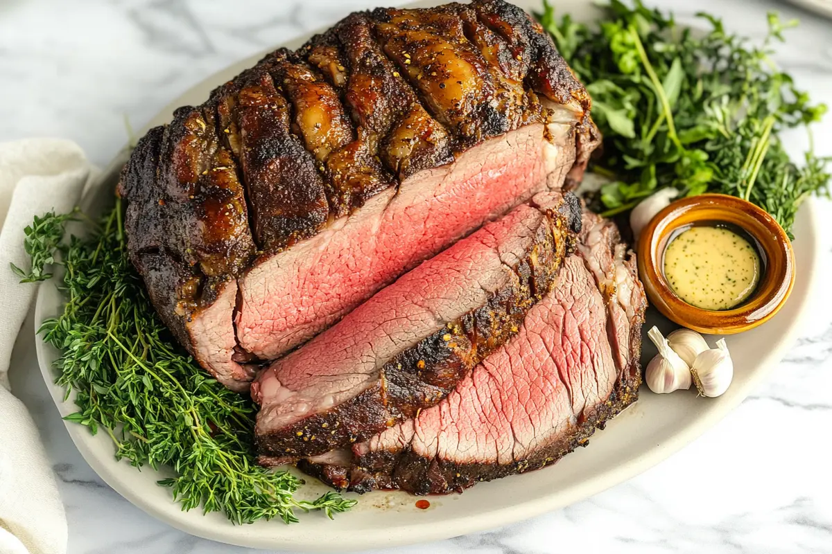 Thick slices of ribeye roast arranged on a platter, garnished with herbs and served with horseradish sauce