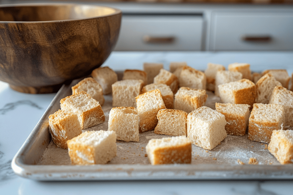 Bread cubes staling on a baking sheet in a white marble kitchen setting.