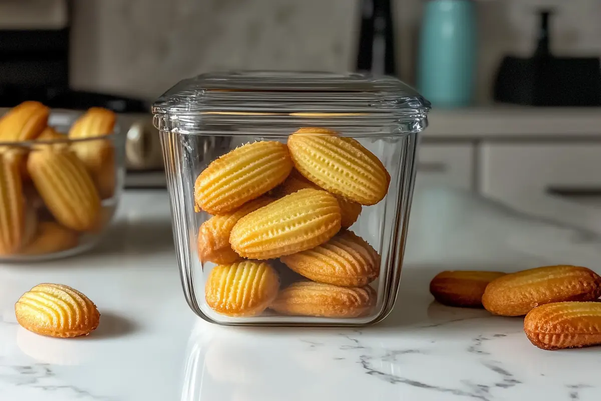 Madeleines stored in an airtight glass container on a white marble kitchen countertop.