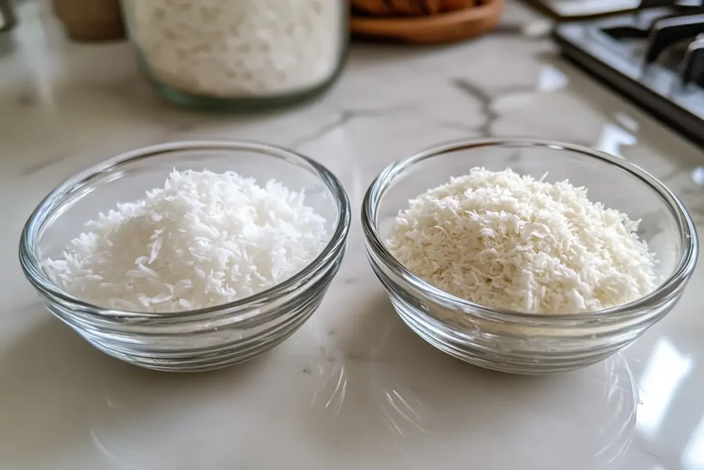 A close-up of sweetened and unsweetened coconut in two bowls on a white kitchen marble countertop.