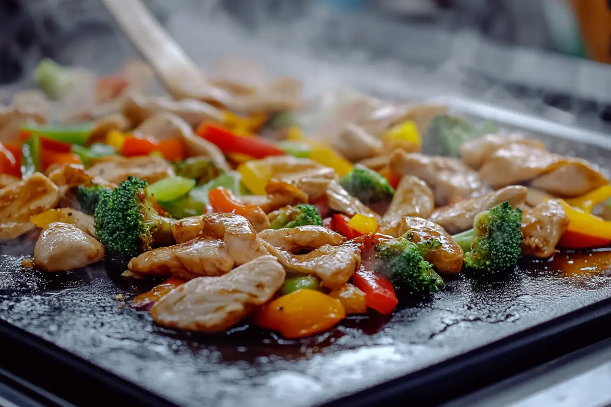 Teriyaki chicken stir-fry with vegetables on a Blackstone griddle.