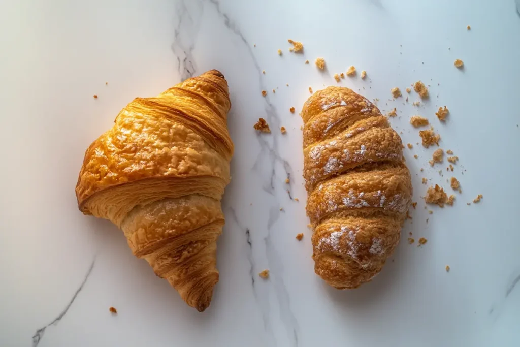 Close-up of a croissant and a Swiss gipfeli on a white kitchen marble background, showcasing their textures and differences