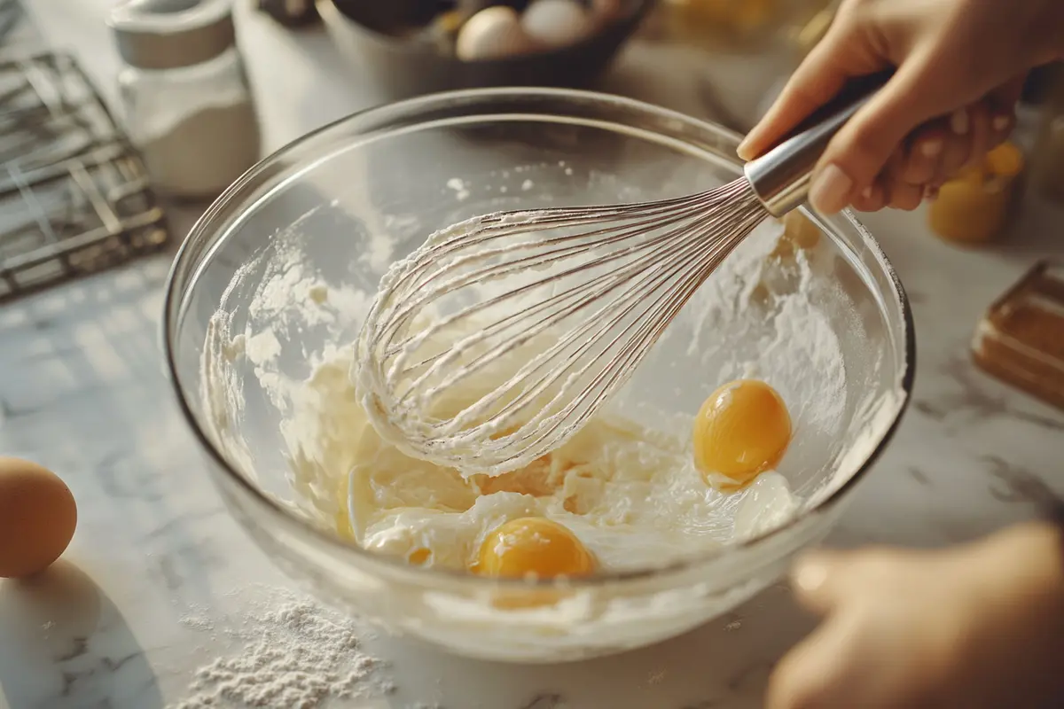 Whisking eggs and sugar until pale and fluffy—a key step in how to get madeleine hump successfully.