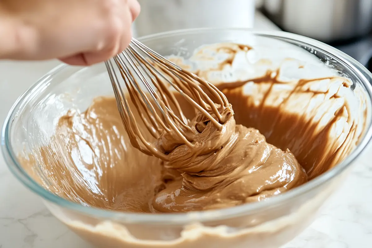 A hand whisking smooth madeleine batter in a glass bowl on a white marble countertop.