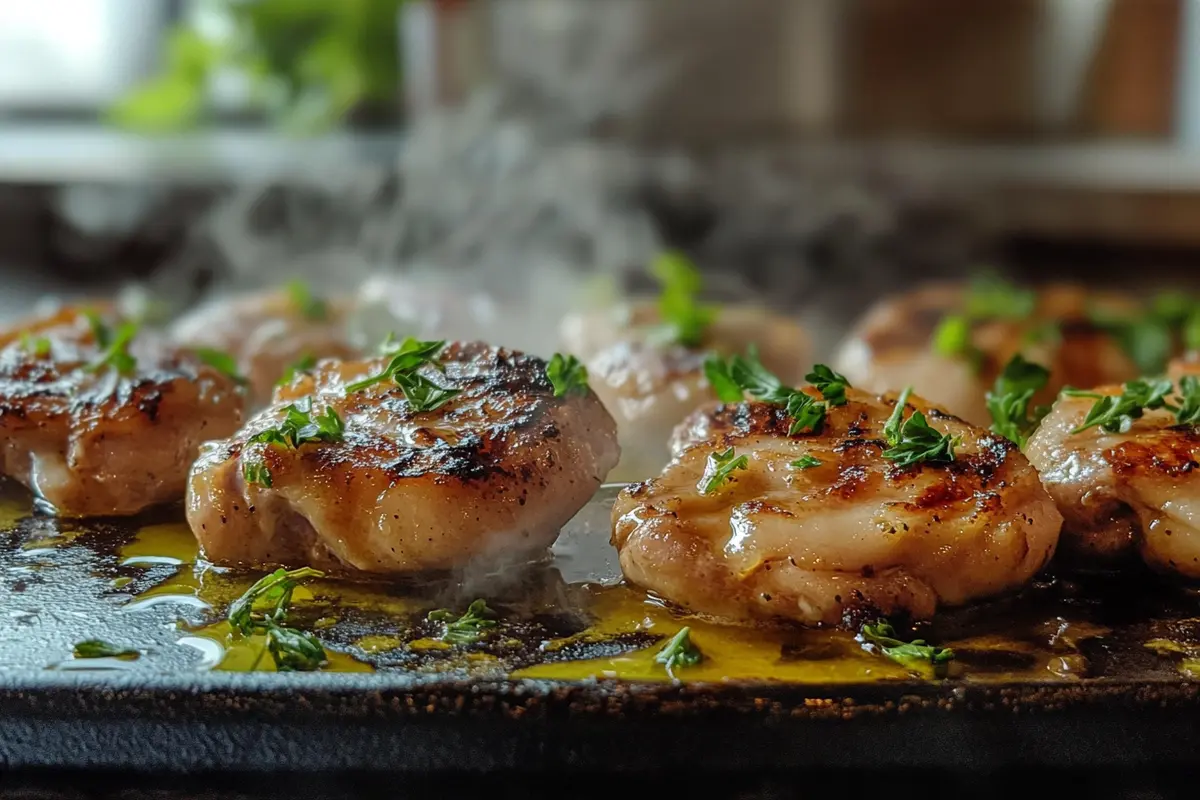 Garlic butter chicken thighs sizzling on a Blackstone griddle with herbs. 