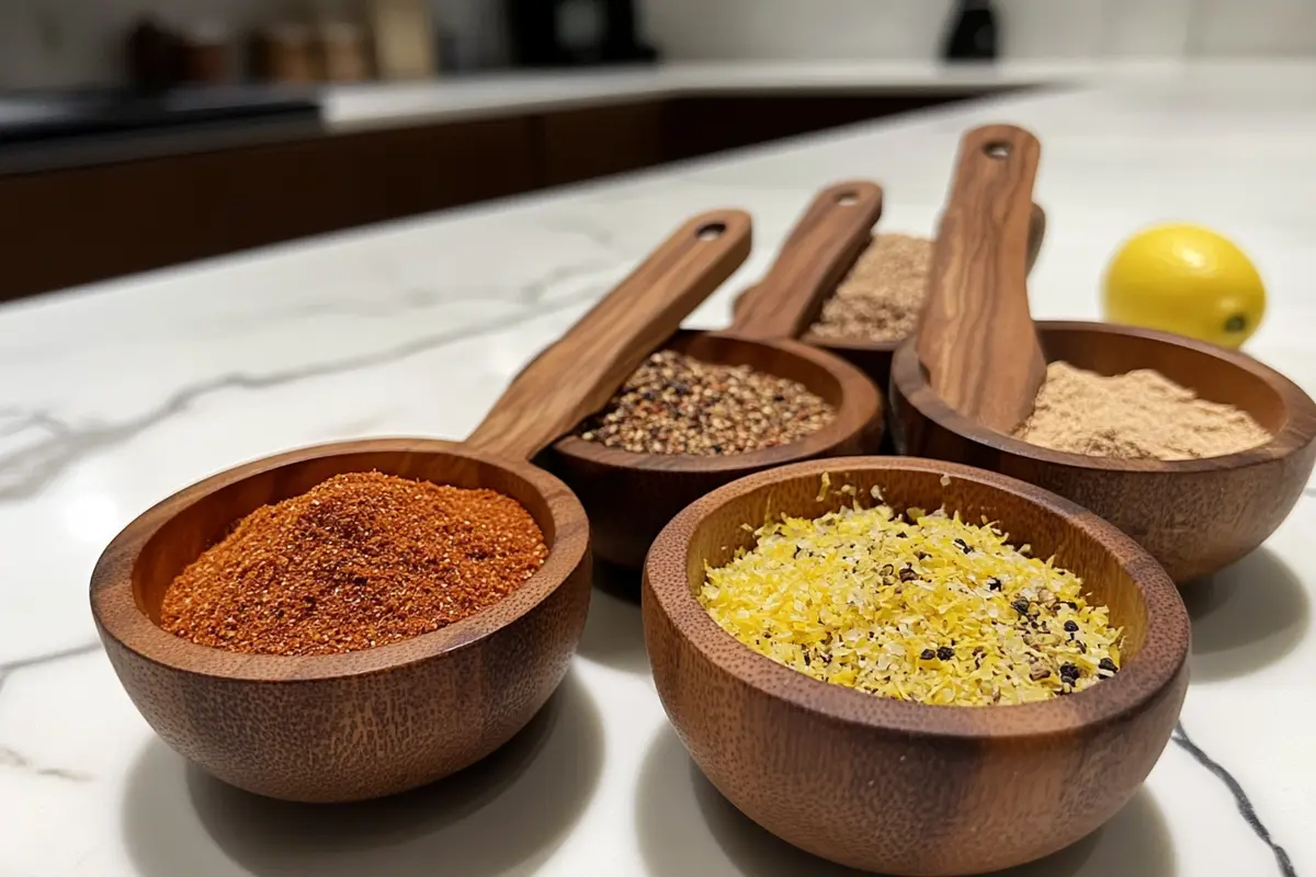 Bowls of garlic powder, paprika, chili powder, and lemon zest on a white marble counter. 